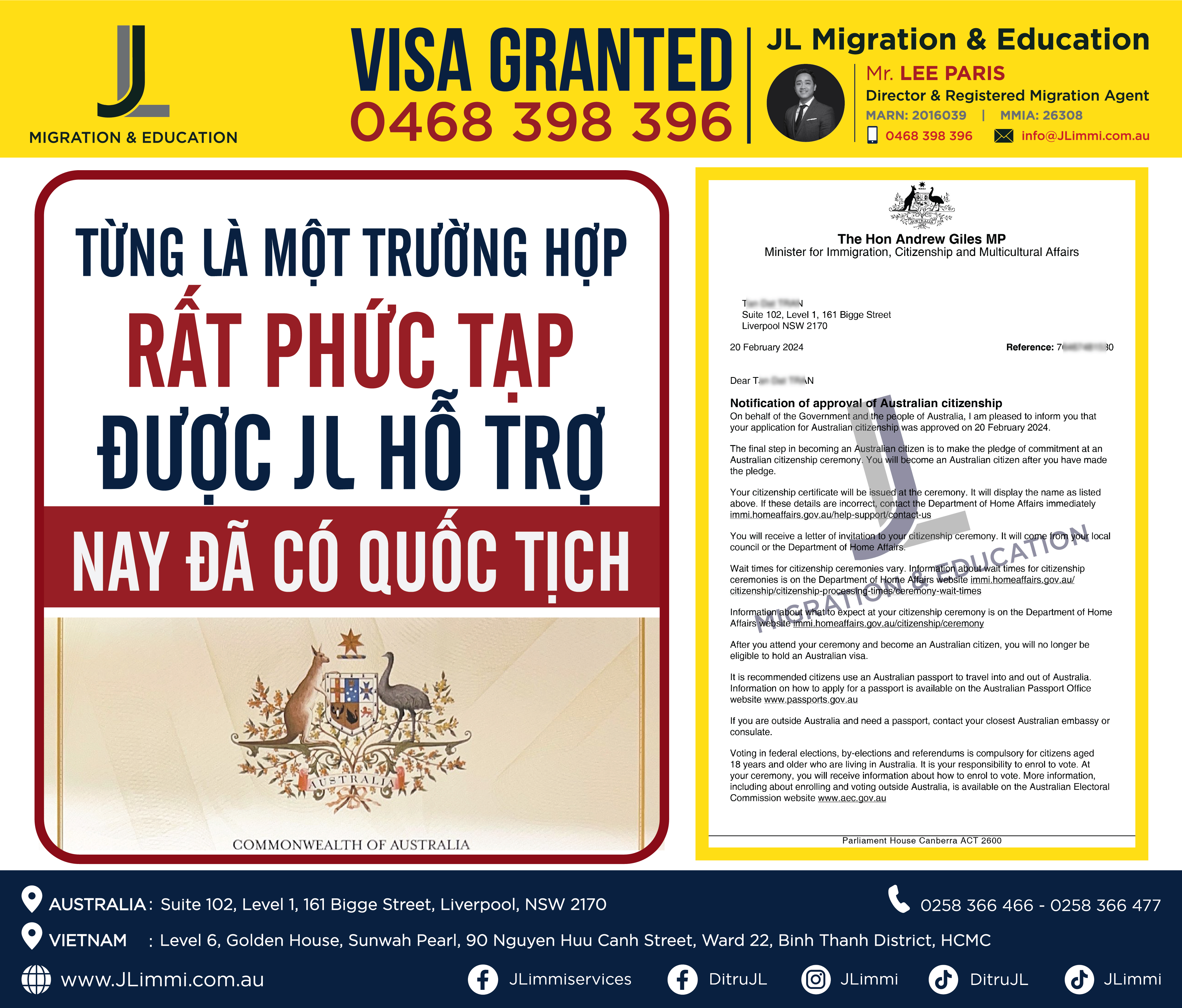 Từng là một trường hợp rất phức tạp được JL hỗ trợ - nay đã có quốc tịch